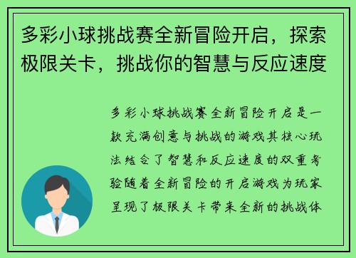 多彩小球挑战赛全新冒险开启，探索极限关卡，挑战你的智慧与反应速度
